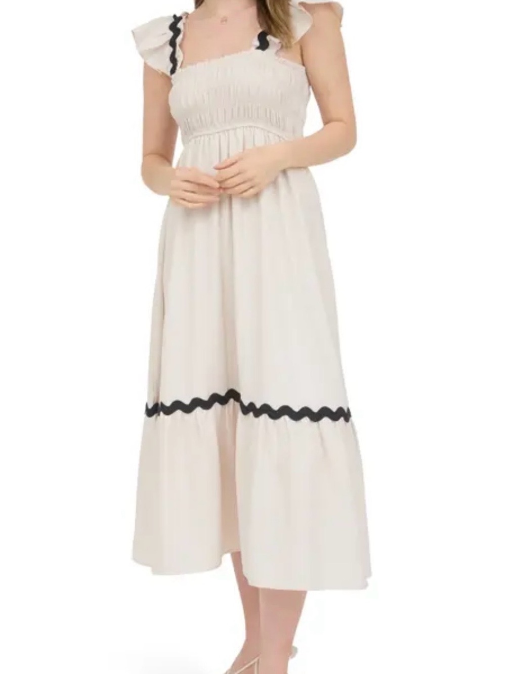 Smocked Cream Midi Dress with Black Wave Trim